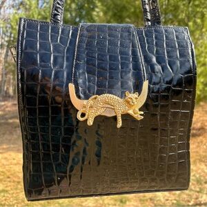 Cache Croc-Embossed Shoulder Bag with Gold Cat Accent